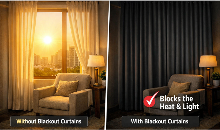 Blackout Curtains paired with Custom Sofas in Pune - Crescent Furnishings